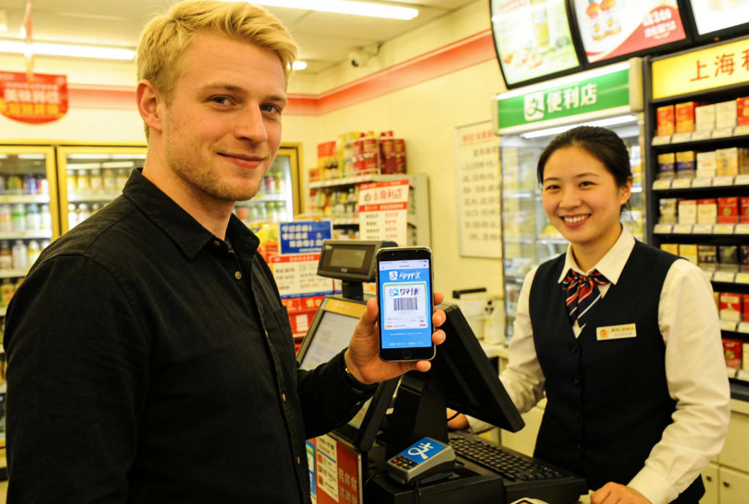 Person paying with Alipay QR code in a Shanghai store